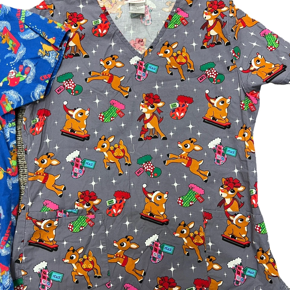 Womens Christmas Scrub Top Set of 2 Medium Rudolph & Vacation Santa V Neck - Image 2 of 4