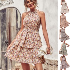 Summer Boho Halter Dress Backless Ruffled A-Line Beach Dress Women’s Fashion