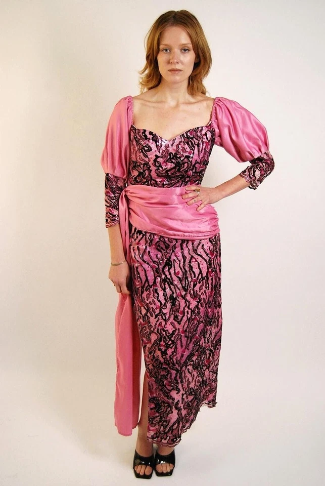 70-х годов блестками платье (M) винтажный розовый сетки пояс средний Puff рукав блестящий танец - Изображение 2 из 4