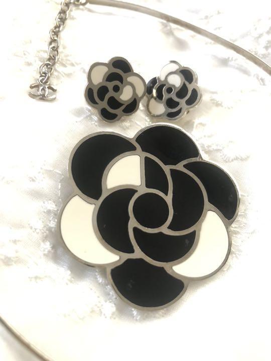 CHANEL Set Silver Metal Necklace Earrings Brooch Black White