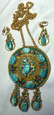 LARGE 1960'S VINTAGE EGYPTIAN FAIENCE SCARAB NECKLACE EARRINGS SET -FREE SHIP