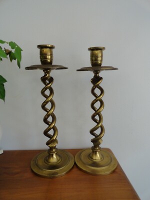 Pair 11'' Open Barley Twist Brass Candle Stick Holders