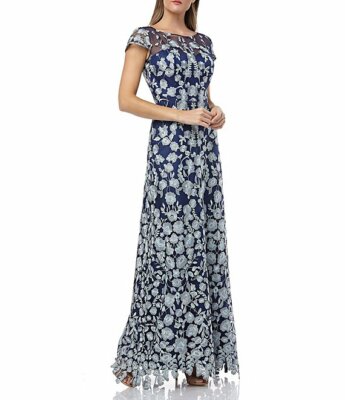chinese dress ladies JS Collections Crew Neck Long Sleeve Embellished Ruched Waist Flutter Keyhole Back Mesh Gown
