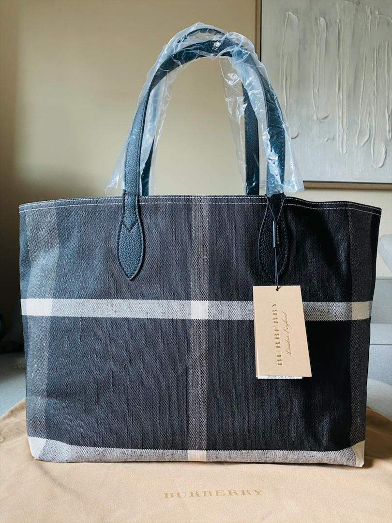 NWT$900 Burberry Doodle Black Coated Canvas Check Plaid Reversible