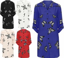 Womens Shirt Ladies Butterfly Print Chiffon Long Shirt Blouse Dress Top 14-28
