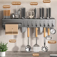 Pot Pan Rail Rack Hooks Holder Hanging Kitchen Organizer Wall Mount Home Shelf 