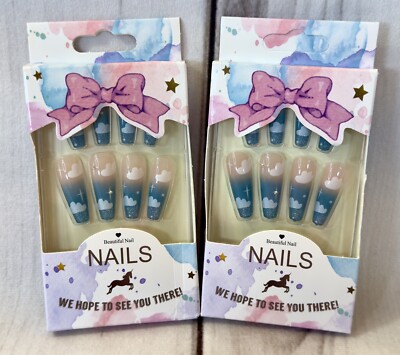 x2 Lot False Nail Sets Artificial Press On Glue Nails Ombre Blue French Cloud