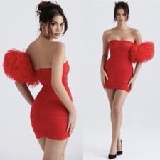NEW! House of CB- Noelle Scarlet Mini Dress Red Ruffle Ball One Sleeve Size S