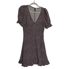 Divided Dress Womens Small Mini Rose Pattern V Neck Side Zip Short Puff Sleeve