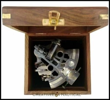 Antique Brass Pocket Sextant – Nautical Marine Navigation – Vintage Wooden Box