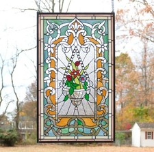 20.25" x 34.25" Tiffany Style stained glass panel Jeweled window panel flowers