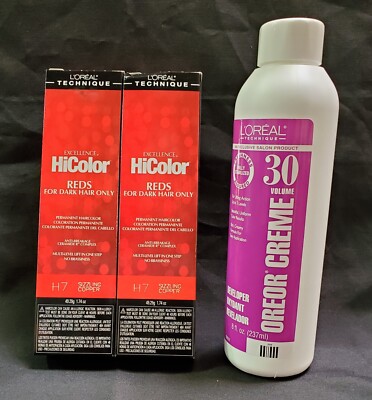 Loreal Excel HiColor H7 Sizz Copper 1.74oz (2 Pack) with 8oz 30 Vol Oreor Creme