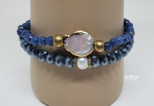 Blue Beaded Stretch Bracelet Vintage Faceted Beads Real Pearls Lot of Two