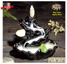 Ceramic Backflow Incense Burner Holder Lotus Waterfall & 60 Cones Gift