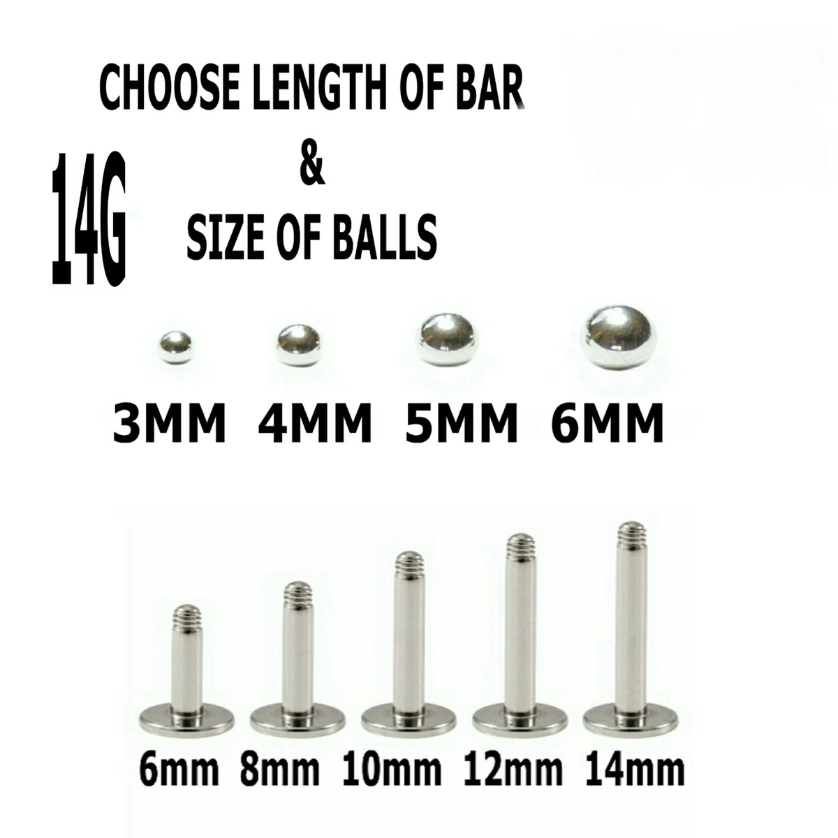 Labret Monroe Surgical Steel Ear Cartilage Chin Lip Body Piercing Bar 14g 14mm