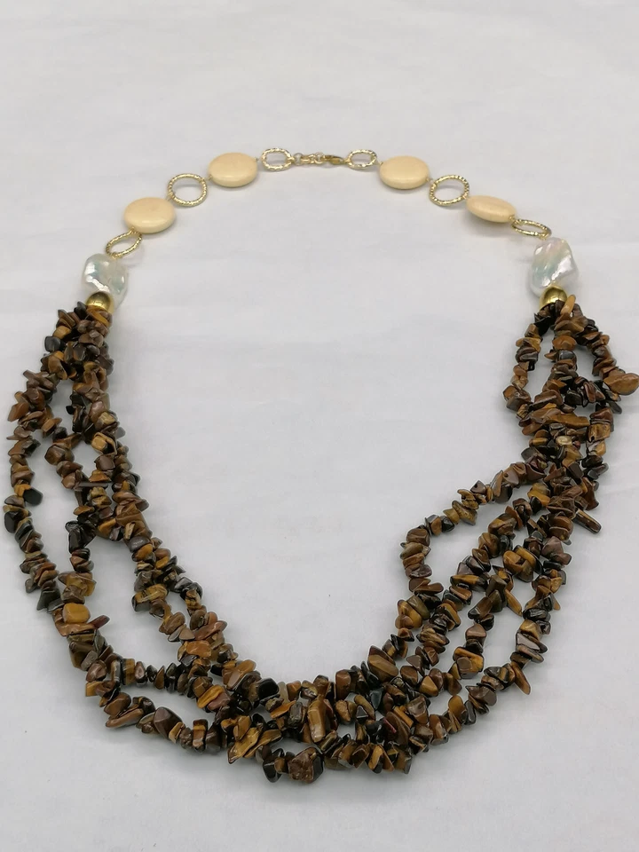 collana marrone da donna in vero occhio di tigre perle bianche barocche  argento - Immagine 4 di 4