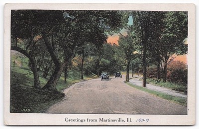 1929 Greetings Martinsville IL Tree Lined Road Vintage Cars Postcard