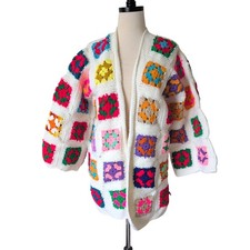 Handmade Granny Square Cardigan Open Front Grannycore Patchwork Artsy Color OS