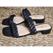 Athlefit Woven 2 Strap Slides Womens 9.5 Black Faux Leather Slip On Sandals