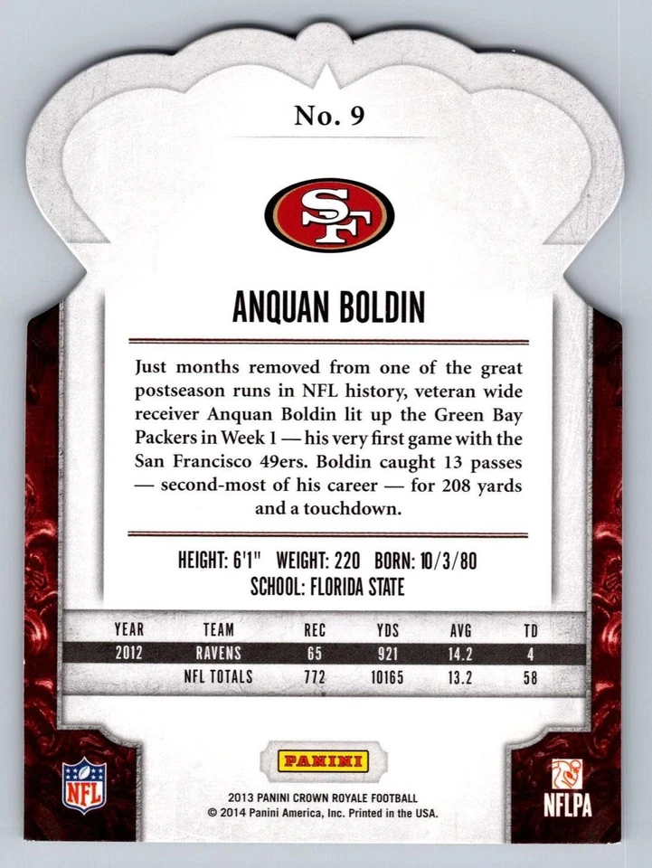Anquan Boldin 2013 Panini Crown Royale #9 San Francisco 49ers Football Card - Image 2 of 2