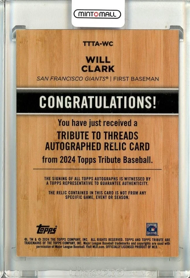 2024 Topps Tribute Will Clark Tribute Threads Auto Relics /99 - Image 2 of 2