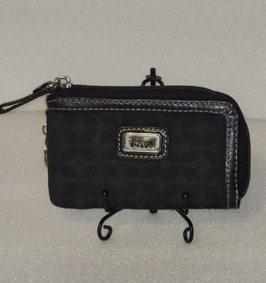 FOSSIL BLACK PATTERNED FABRIC & LEATHER TRIMMED WALLET WINDOW ID COIN PURSE