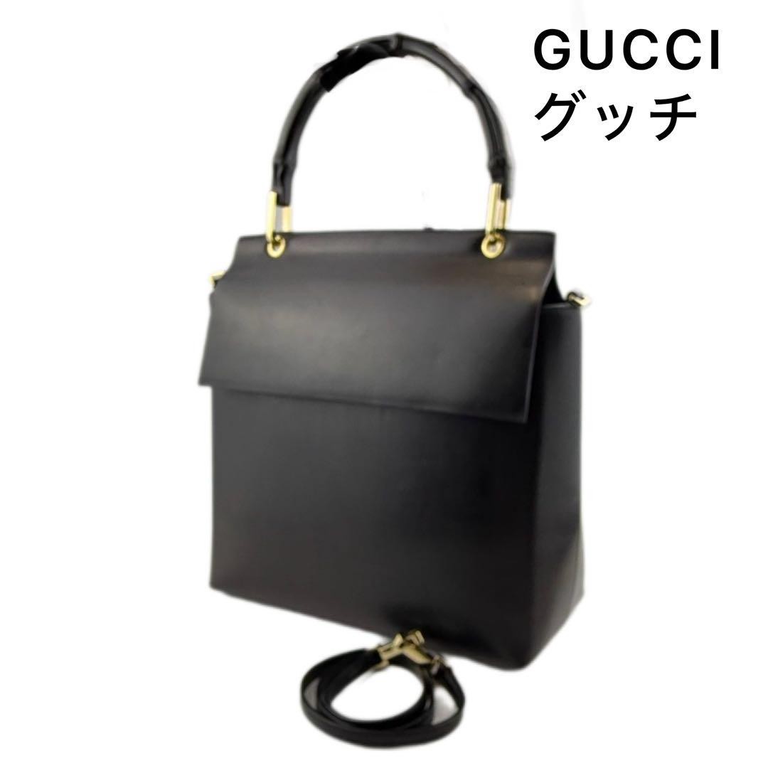 GUCCI Bamboo Leather Shoulder Bag 2Way Black Crossbody Handbag
