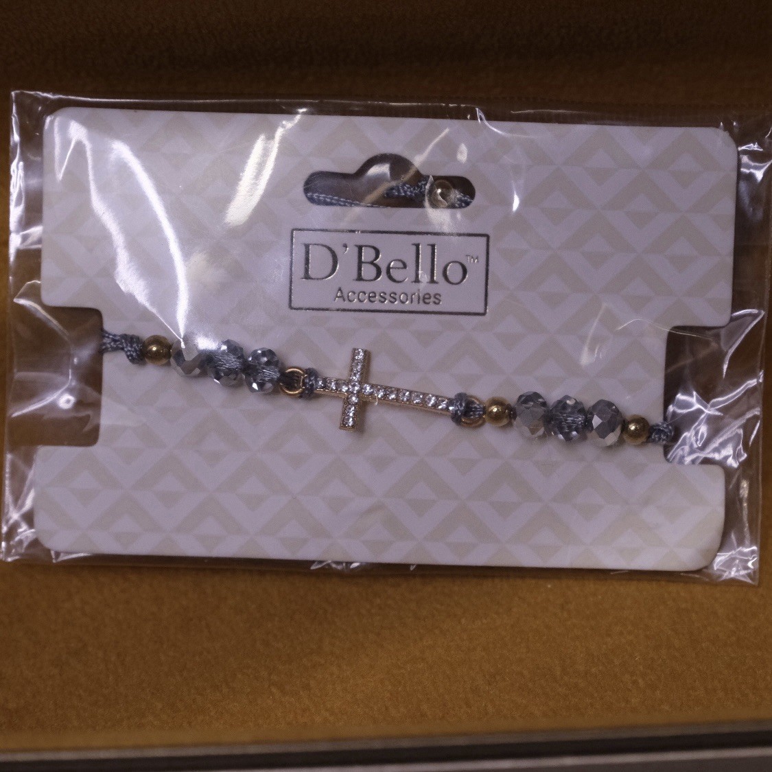 D'Bello Gray & Gold Beaded Adjustable Cord Charm Bracelet with Cross Dangle