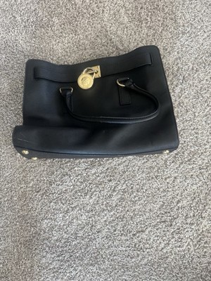 Michael Kors Hamilton Black Satchel Gold Hardware Lock Accent Top Handle