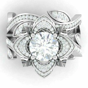 Authentic 2CT Round Cut Moissanite Lotus Engagement Bridal Ring Set 14k White Gold Plated