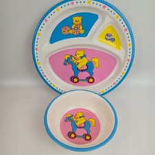 Vintage Baby Feeding Divided Plate Bowl Set 8.5" Bear Rocking Horse Blue Pink