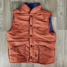 Vintage Boys Puffer Vest Burnt Orange Navy Blue Quilted Snap Front Small
