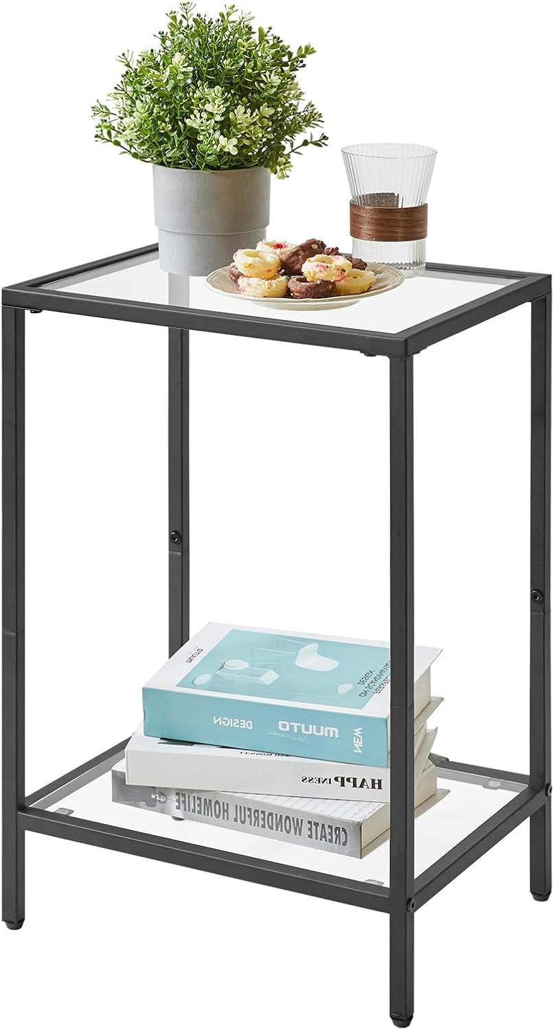 Side Table, 2 Tier Sofa End Table, Bedside Tables with Tempered Glass, Coffee Ta