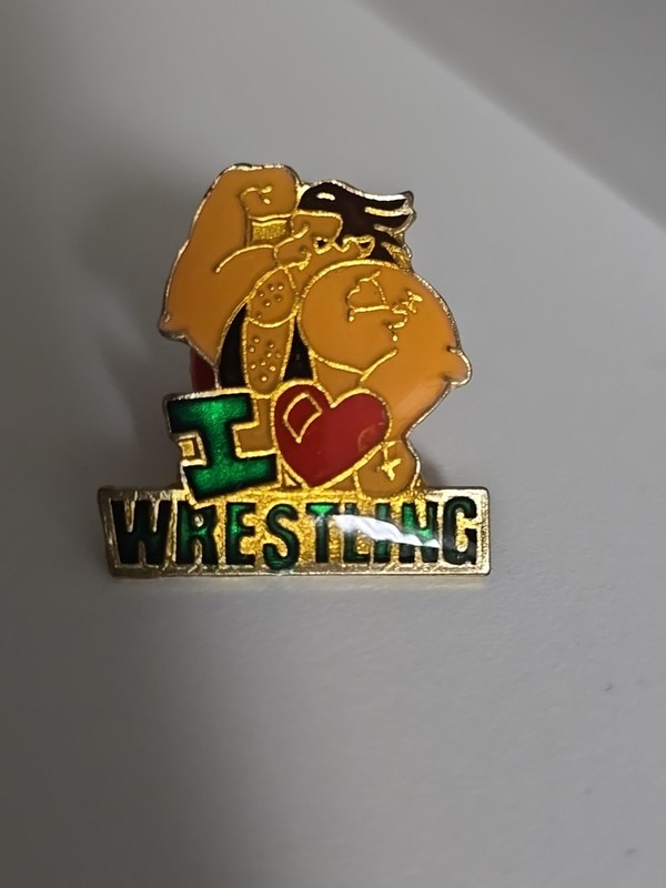 I Love Wrestling Wrestler Strong Man Showing Muscle Arm Vintage Lapel Pin 1980's