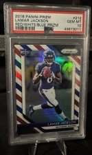 2018 Panini Prizm Lamar Jackson #212 RC Rookie Red/White/Blue PSA 10 Ravens 🔥
