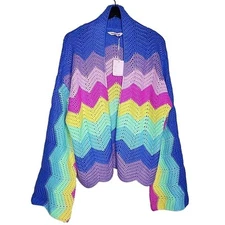 Davi & Dani Crochet Cardigan Sweater Rainbow Chevron Stripe Open Bell Sleeve L