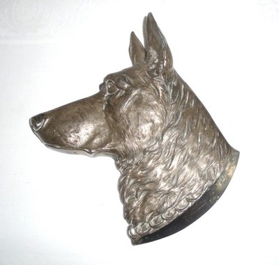Signierter Vintage versilberter Elsässer Deutscher Schäferhund Kopf