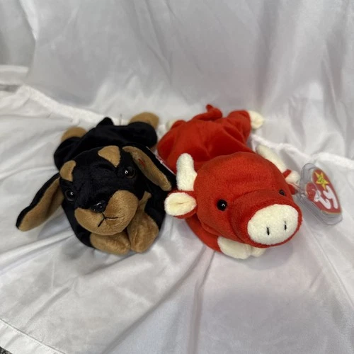 Vintage 1996 Retired Ty Beanie Baby Doby Doberman and Snort Bull with tags!
