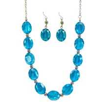 Aqua blue color oval glass bead necklace and earring set with silver beads New