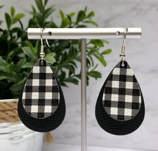 Women Vegan Faux Leather Black White Buffalo Petite Plaid Earrings Flannel Check