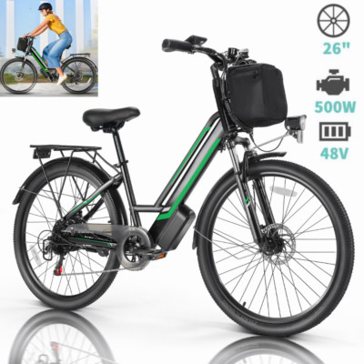26''Adults Electric Bike 500W City Bicycle Shimano 7-Speed Ebike w/48V Li-Battery