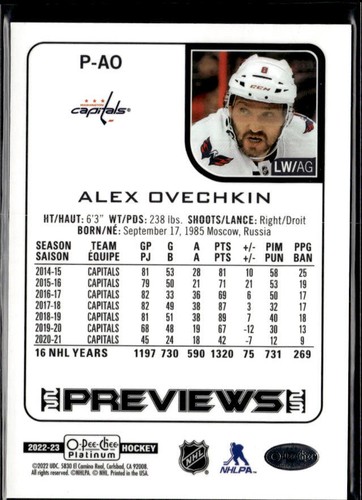 2022-23 O-Pee-Chee #P-AO Alex Ovechkin O-Pee-Chee Platinum Previews - Bild 2 von 2
