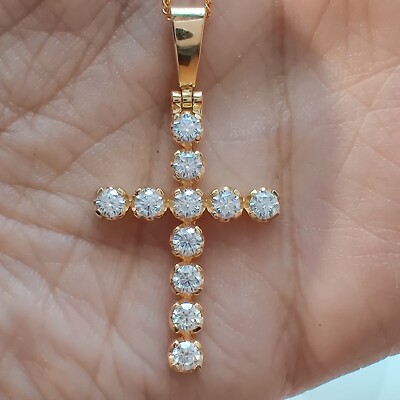 10K Yellow Gold 3 MM White Round Moissanite Engagement Gift Men's Cross Pendant