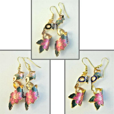Pendantes Oreille Cloisonné Volutes Goutte or Jaune Blanc Rouge Bleu Émail Époxy - Photo 1/4