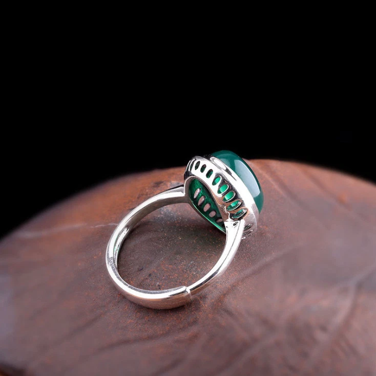 I03 Anello Ovale Verde Calcedonio Argento Sterling 925 Misura Regolabile - Immagine 4 di 4