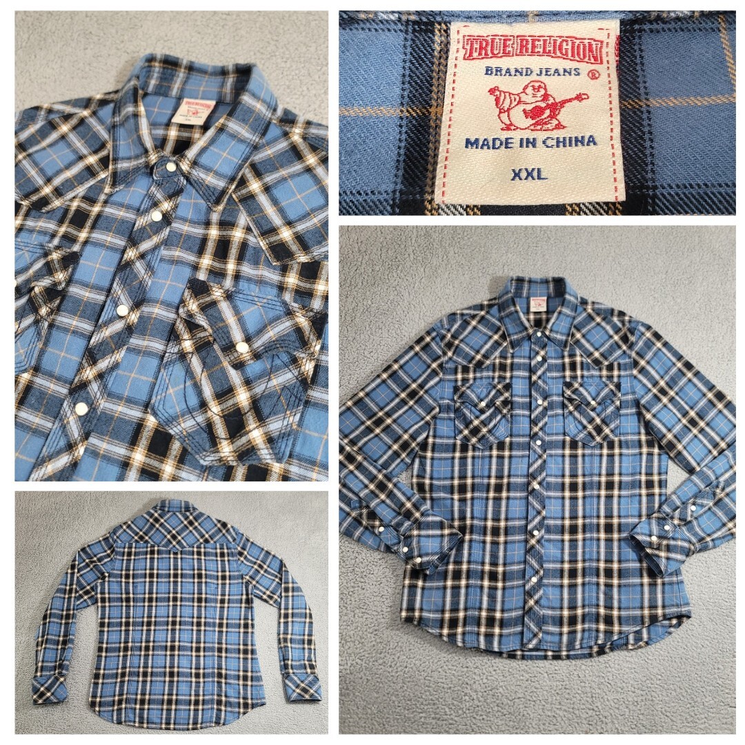 True Religion Pearl Snap Flannel Western Shirt Men's XXL Blue