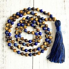 Yellow Tiger Eye Lapis Lazuli Gems Tibet Buddhist 108 Prayer Beads Mala Necklace