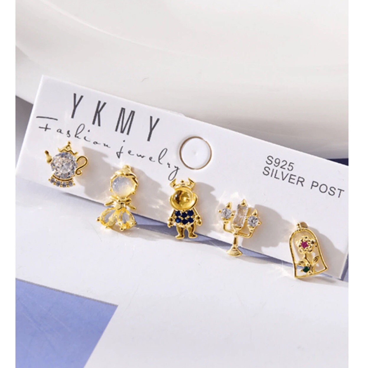 Disney Beauty and the Beast Crystal Gold Plated 5 Stud Earrings Mickey Mouse-image