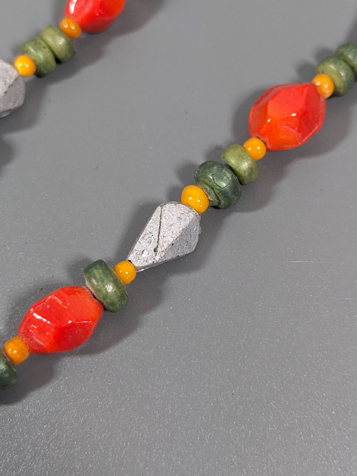 Beachy Coastal Tribal Orange Green Heart Charm Beaded Necklace 17 inch