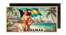 Bahamas Travel FRIDGE MAGNET advertisement flag woman 2 x 4 inches, wood 
